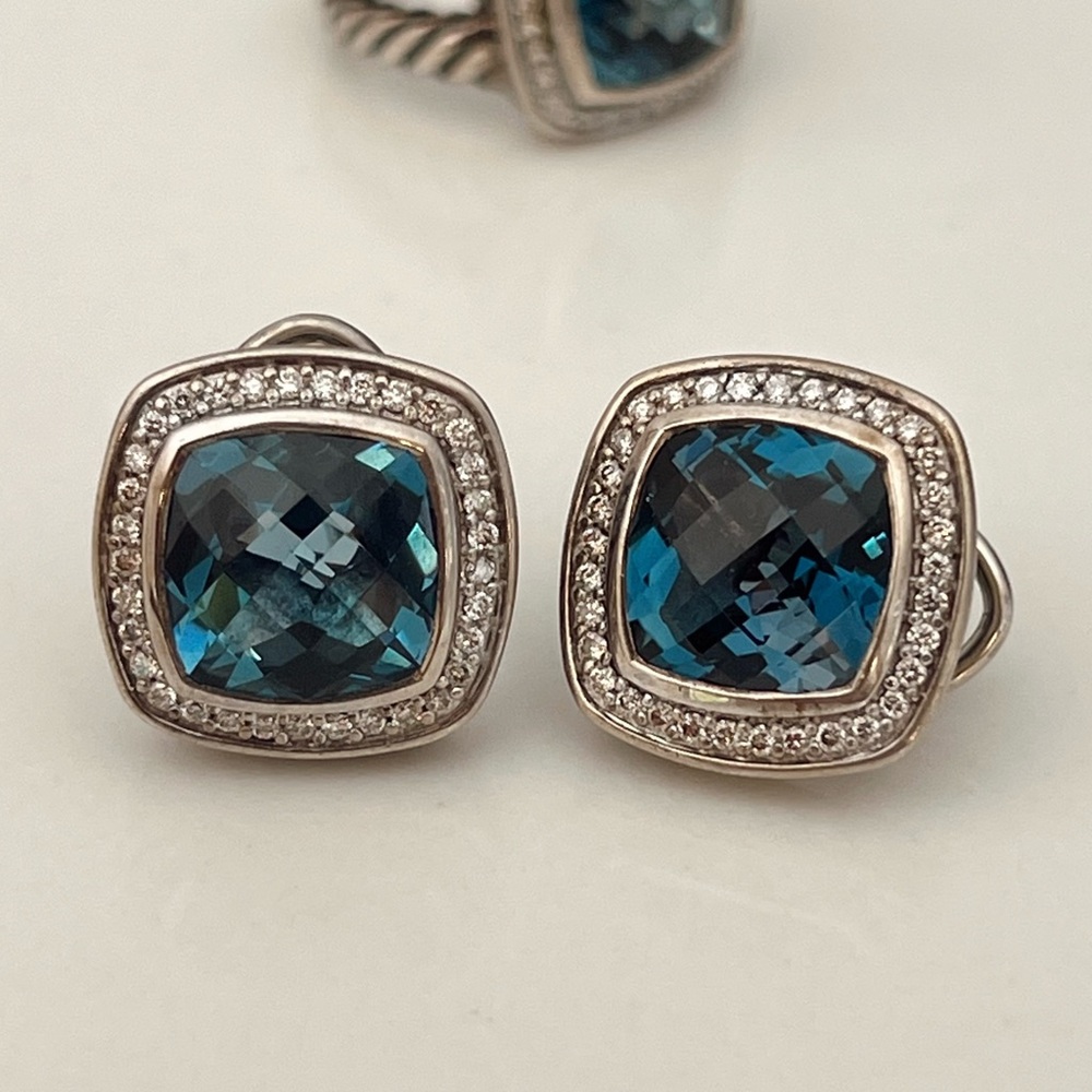 David Yurman Blue Topaz Albion sterling Silver Earrings Pave diamonds 15 mm